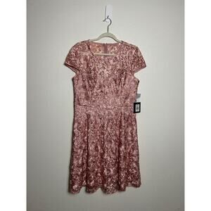 Marina Lace Fit & Flare Dress Pink Jewel Cap sleeves Zip closure Sz 12 NWT